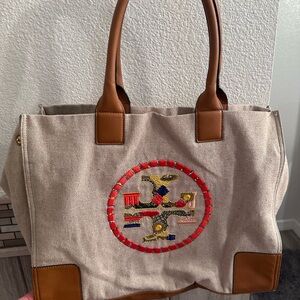 Tory Burch Beige Tote with Colorful Embroidery